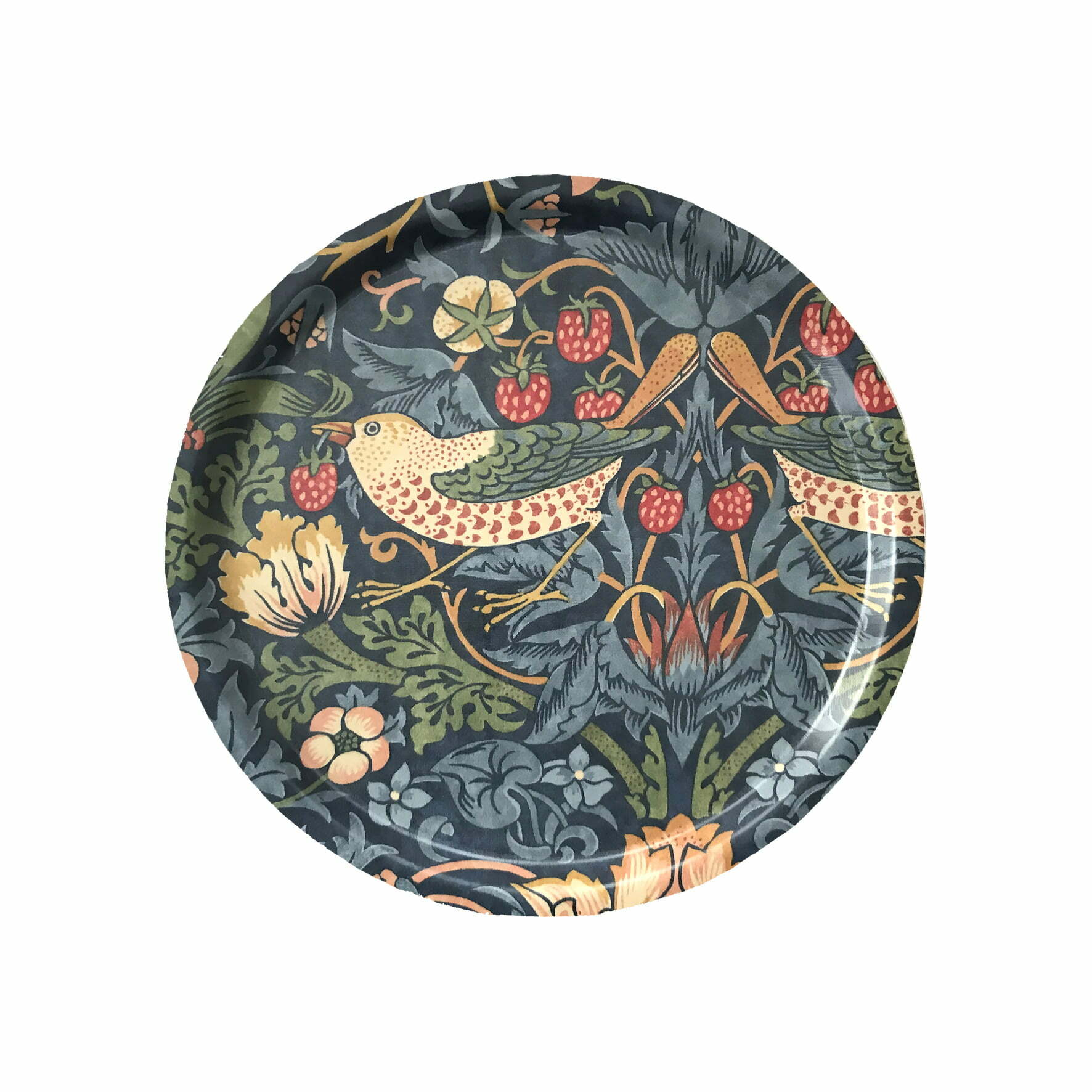 Rund bricka, 31 centimeter i diameter. Brickan har ett blått mönster av den kända konstnären William morris. Mönstret är vackert med fåglar, blommor och jordgubbar.