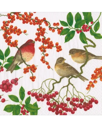 Caspari Servett Birds and Berries White