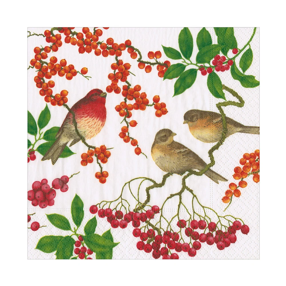 Caspari Servett Birds and Berries White