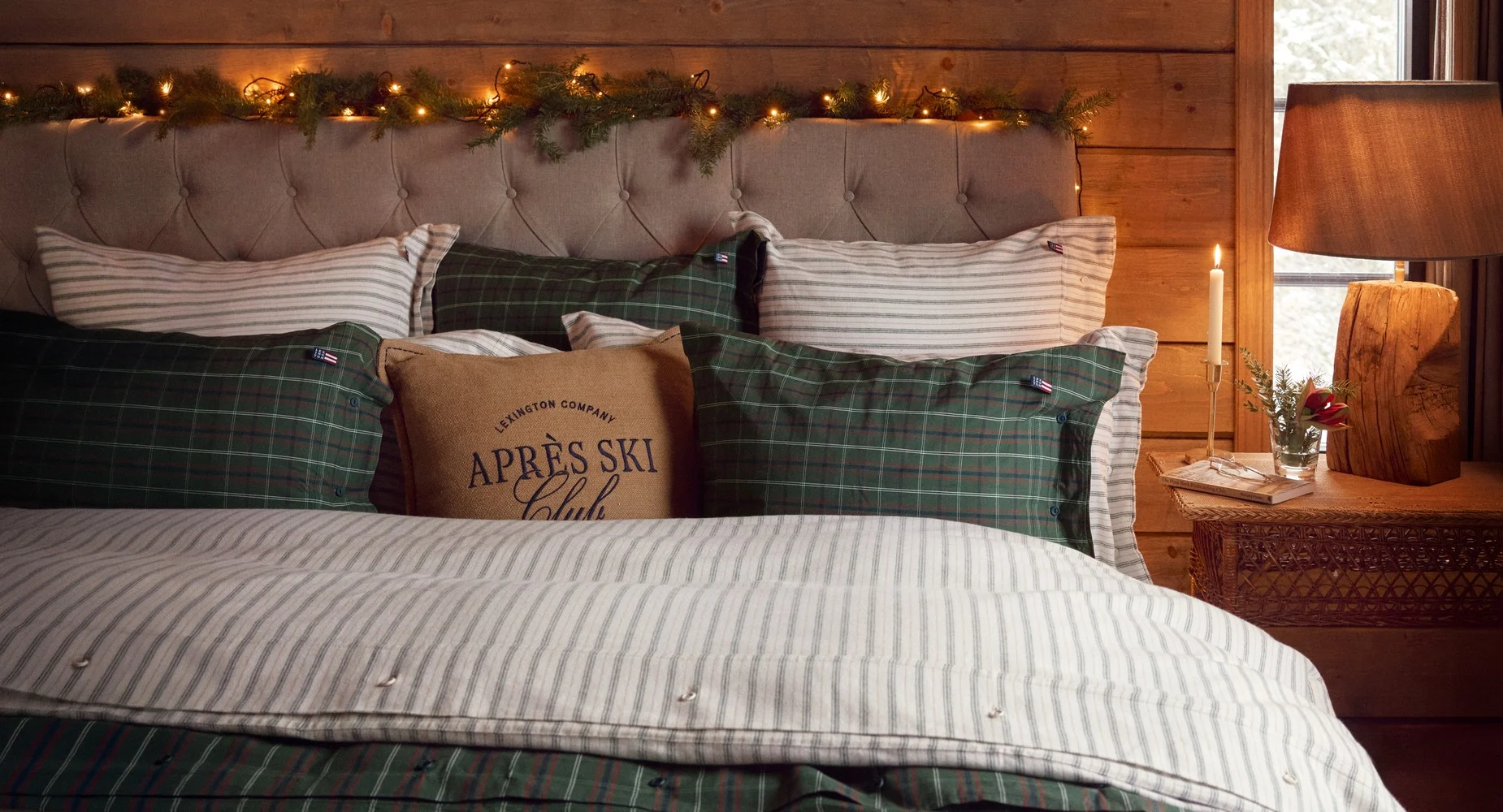 Lexington Randigt Bäddset Bomullsflanell Vit/Grön/Beige